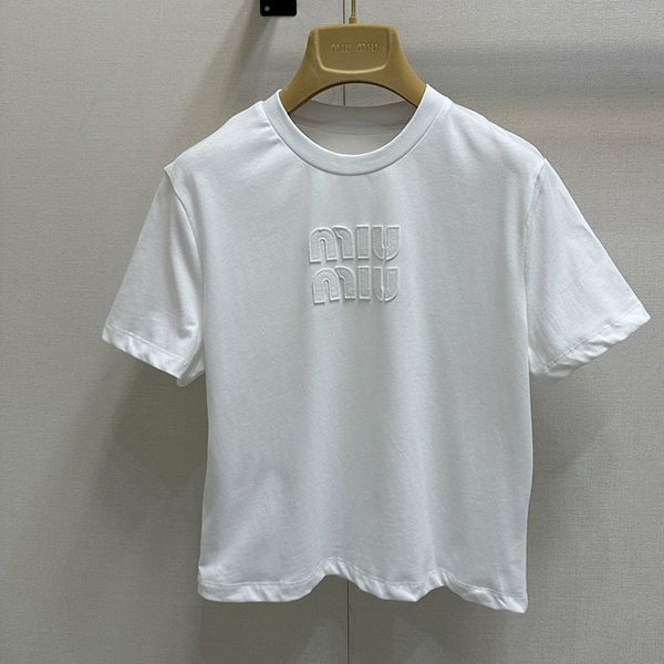 素敵な ミュウミュウ ロゴ コットン 偽物 半袖 Tシャツ myw13994